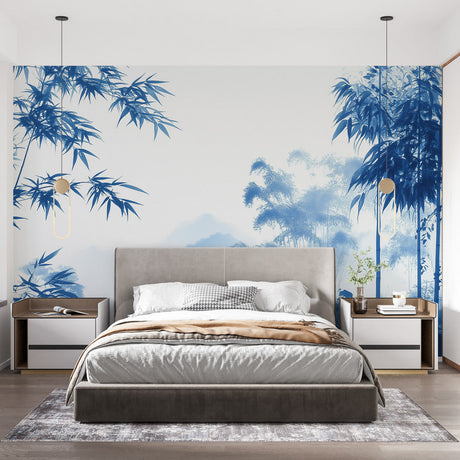 Blue Japanese bamboo wallpaper creating a serene atmosphere in a minimalist living room with natural light