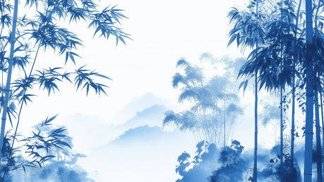 Japanese garden bamboo wallpaper design file showing intricate blue botanical pattern and misty mountains