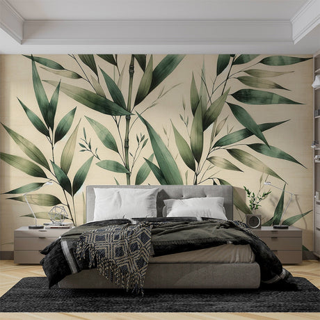 Bamboo leaf wallpaper creating a peaceful atmosphere in a modern living room with natural light and minimal furniture