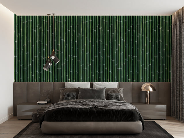 Bamboo wall mural creating a serene atmosphere in a modern living room with natural light