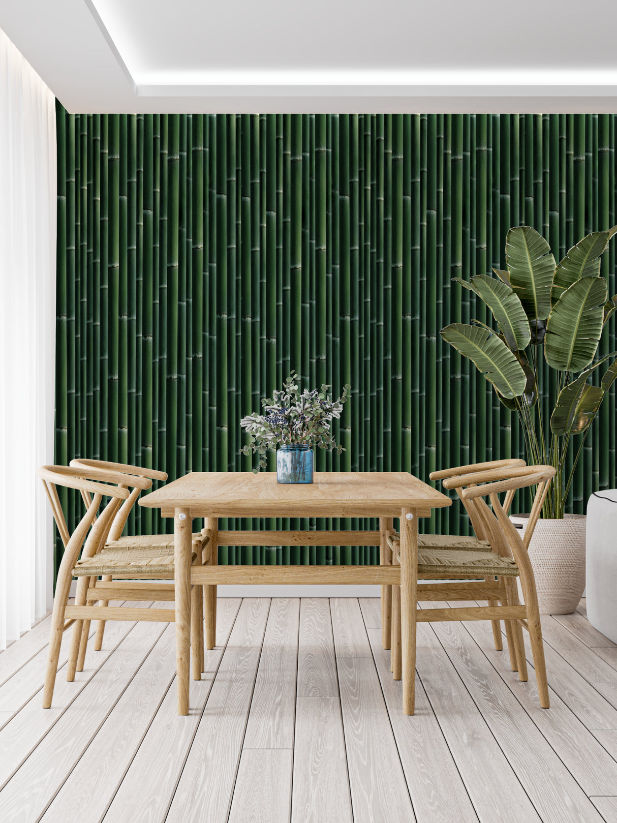 Green bamboo wallpaper adding depth to a minimalist dining space