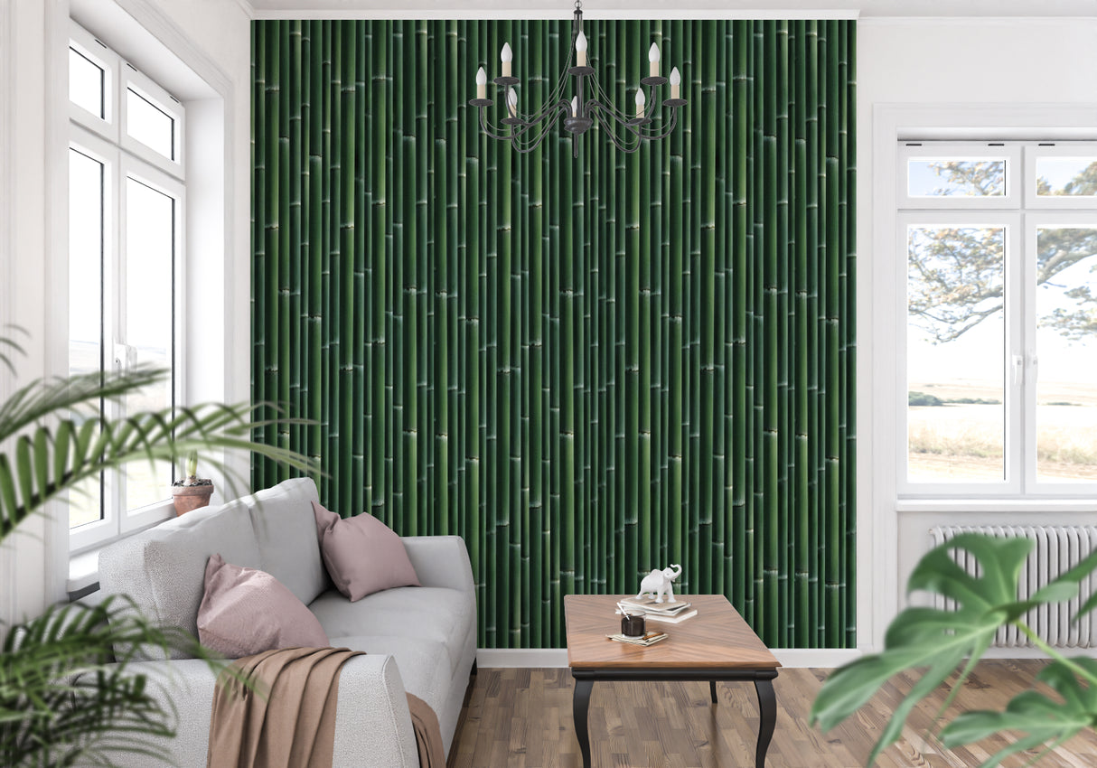 Deep green bamboo design creating flow in a modern bedroom