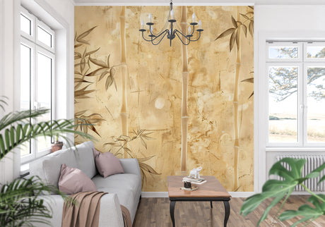 Bamboo wallpaper mural creating a serene atmosphere in a modern living room with natural light