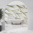 Bamboo leaf wallpaper creating a zen atmosphere in a modern living room with white furniture