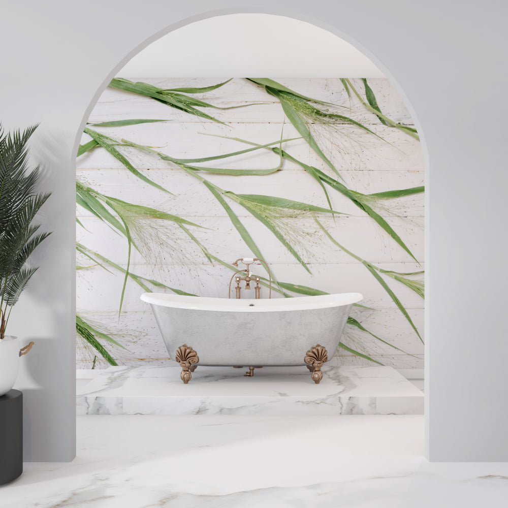 Bamboo leaf wallpaper creating a zen atmosphere in a modern living room with white furniture