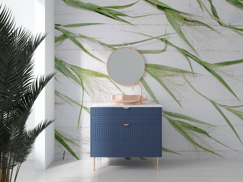Botanical bamboo wall mural brightening a minimalist bedroom with natural light