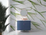 Botanical bamboo wall mural brightening a minimalist bedroom with natural light