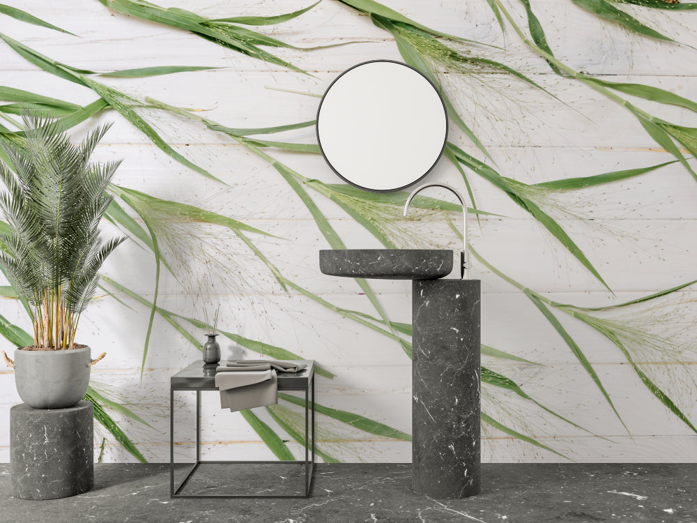Green bamboo wallpaper bringing spa vibes to a contemporary bathroom setting