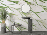 Green bamboo wallpaper bringing spa vibes to a contemporary bathroom setting