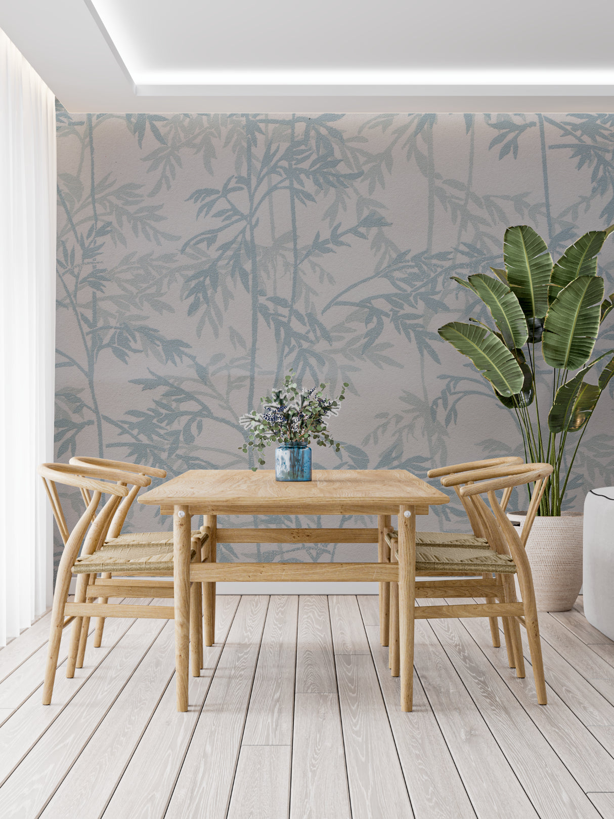 Bamboo leaf wallpaper creating a zen atmosphere in a modern living room with grey sofa and natural light