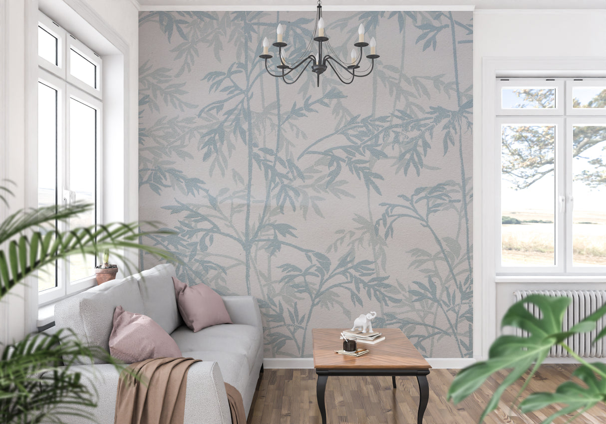 Oriental bamboo wallpaper in a minimalist bedroom setting with white bedding