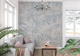 Oriental bamboo wallpaper in a minimalist bedroom setting with white bedding