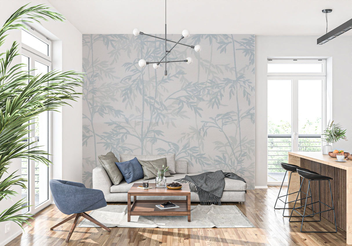 Blue-grey bamboo pattern wallpaper in a home office with wooden furniture