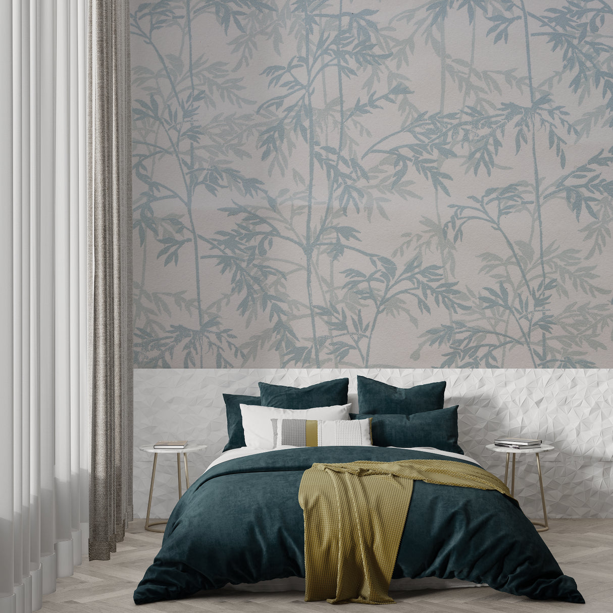 Elegant bamboo wall mural in a dining room with modern lighting
