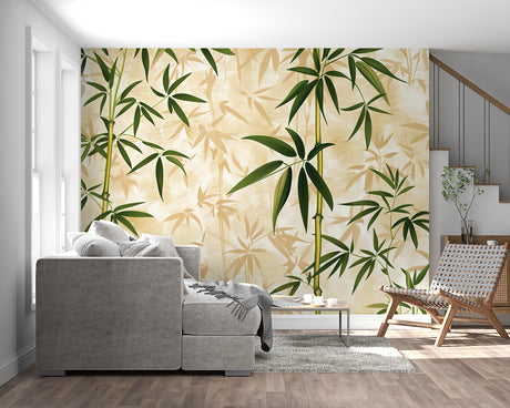 Bamboo leaf wallpaper creating a peaceful atmosphere in a modern living room setting
