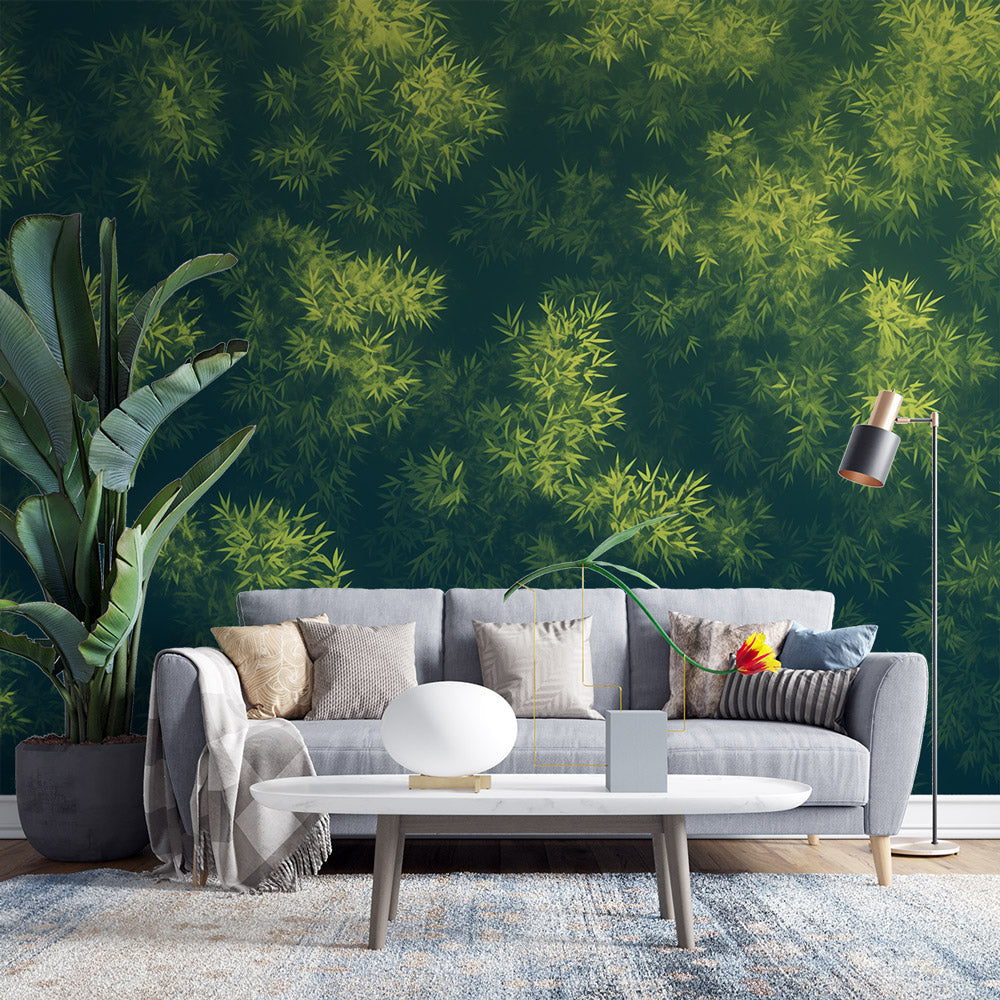 Bamboo leaf wallpaper creating a zen atmosphere in a modern living room with natural light