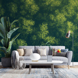 Bamboo leaf wallpaper creating a zen atmosphere in a modern living room with natural light