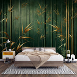 Bamboo forest wallpaper creating depth in modern living room, emerald green stems with golden leaves catch afternoon light