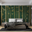 Bamboo forest wallpaper with gold stems creating a calm atmosphere in a modern living room with natural light