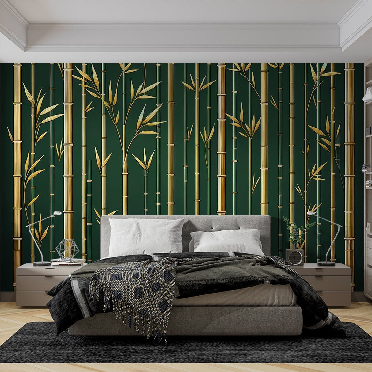 Bamboo forest wallpaper with gold stems creating a calm atmosphere in a modern living room with natural light