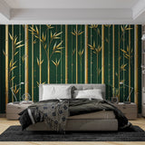 Bamboo forest wallpaper with gold stems creating a calm atmosphere in a modern living room with natural light