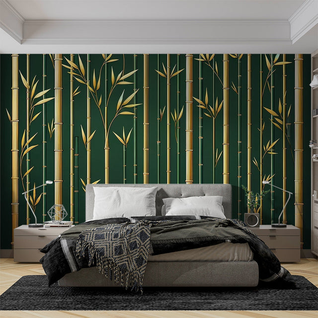 Bamboo forest wallpaper with gold stems creating a calm atmosphere in a modern living room with natural light
