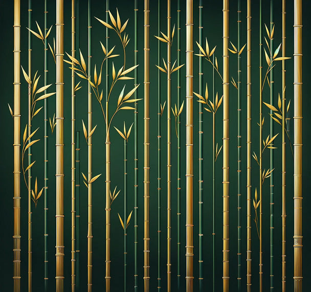 Gold bamboo pattern on emerald green background - design file showing intricate stem details