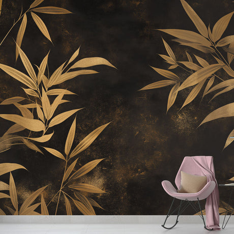 Black and gold bamboo wallpaper creating a luxurious atmosphere in a modern dining room with soft lighting