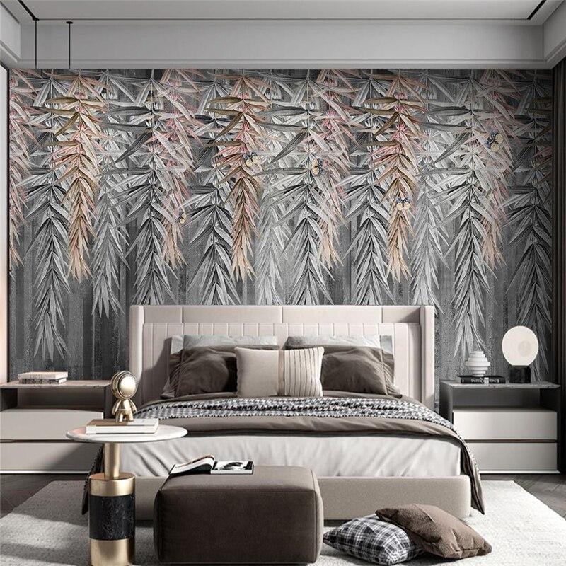 Gray and metallic bamboo wallpaper adding elegance to a master bedroom with soft lighting