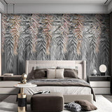 Gray and metallic bamboo wallpaper adding elegance to a master bedroom with soft lighting