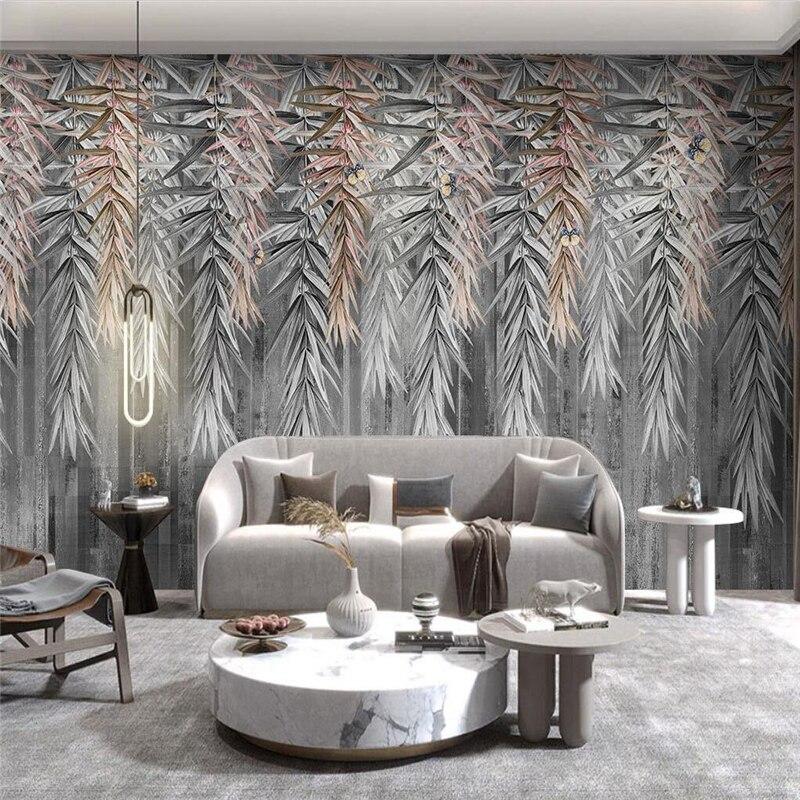 Bamboo leaf wall mural bringing nature inside a minimalist dining room with rose gold accents