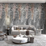 Bamboo leaf wall mural bringing nature inside a minimalist dining room with rose gold accents