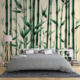 Bamboo forest wallpaper creating a zen atmosphere in a modern living room with natural light and minimalist furniture