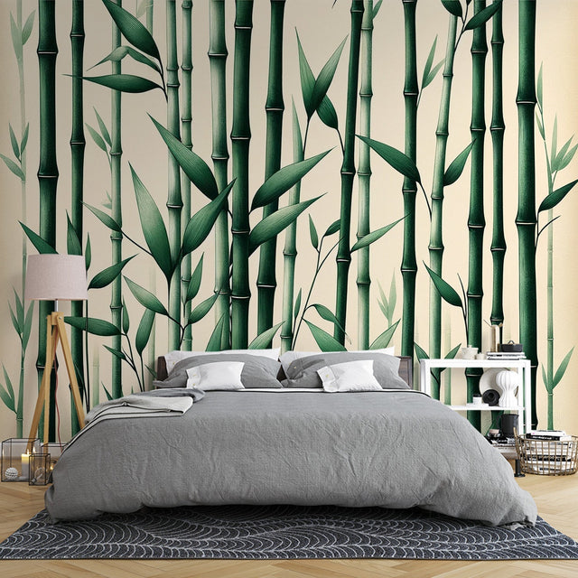Bamboo forest wallpaper creating a zen atmosphere in a modern living room with natural light and minimalist furniture