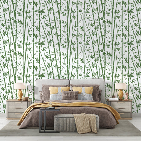 Bamboo wallpaper creating zen atmosphere in modern living room with natural light
