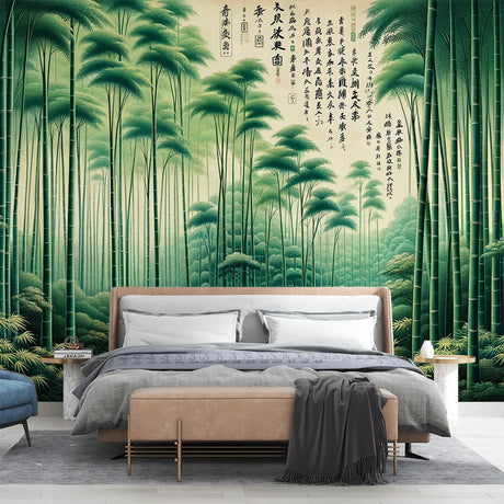 Japanese bamboo forest wallpaper creating a serene atmosphere in a modern meditation room with natural light