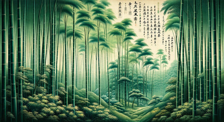 Bamboo forest wallpaper design file showing detailed Japanese calligraphy and emerald bamboo pattern