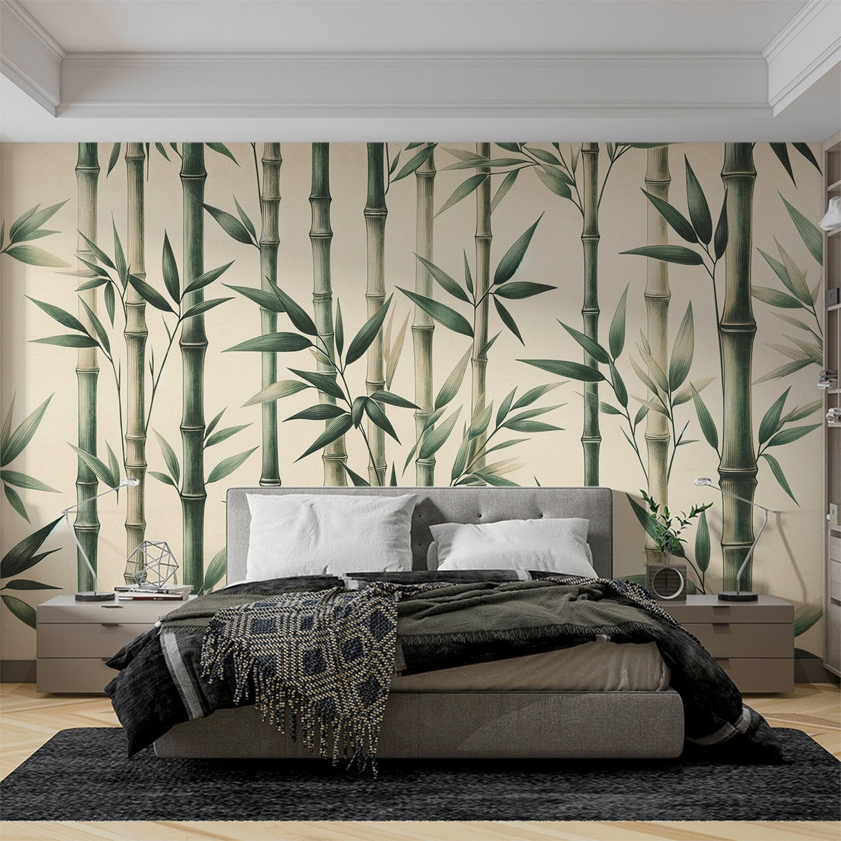 Bamboo wallpaper mural creating a peaceful atmosphere in a modern minimalist living room with natural light