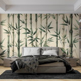 Bamboo wallpaper mural creating a peaceful atmosphere in a modern minimalist living room with natural light