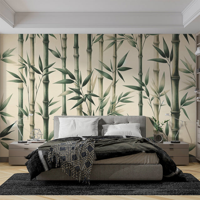 Bamboo wallpaper mural creating a peaceful atmosphere in a modern minimalist living room with natural light