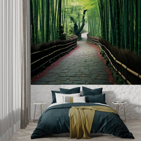 Japanese Bamboo Garden wallpaper in modern minimalist living room creating zen atmosphere