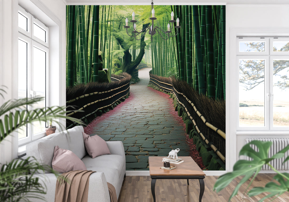 Bamboo forest mural in meditation room with natural light