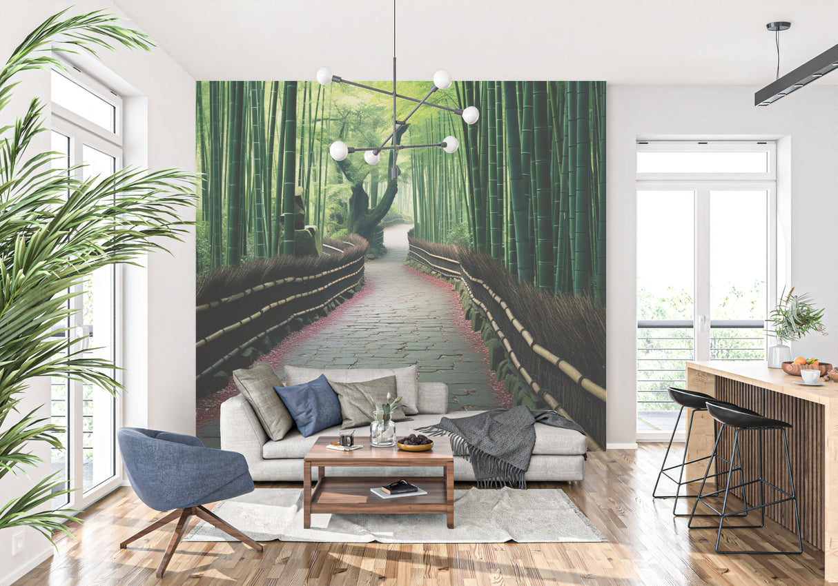 Japanese garden wallpaper in Asian-inspired dining room setting