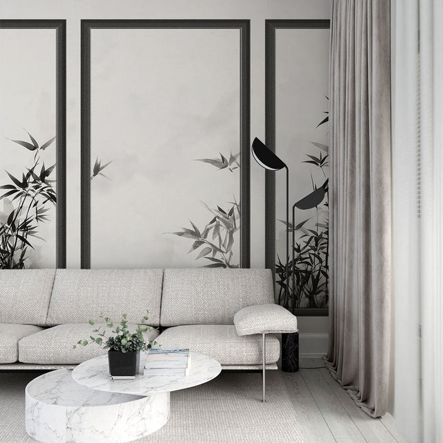 Japanese bamboo wallpaper mural creating a zen atmosphere in a modern living room with minimal furniture