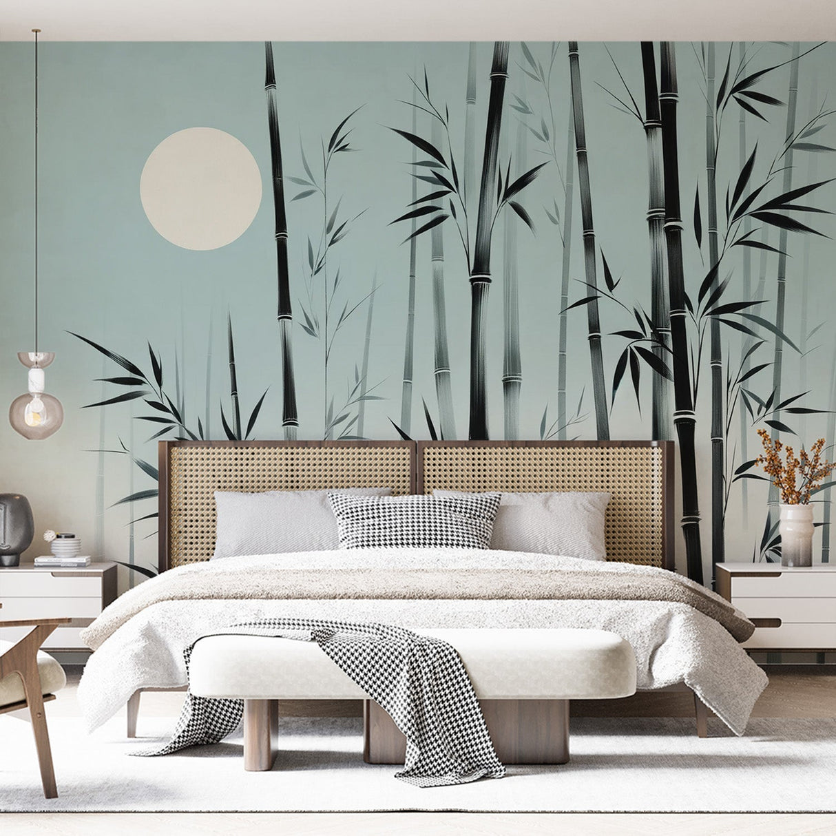 Bamboo forest wallpaper creating a serene atmosphere in a modern living room with minimalist furniture
