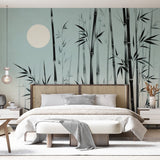 Bamboo forest wallpaper creating a serene atmosphere in a modern living room with minimalist furniture