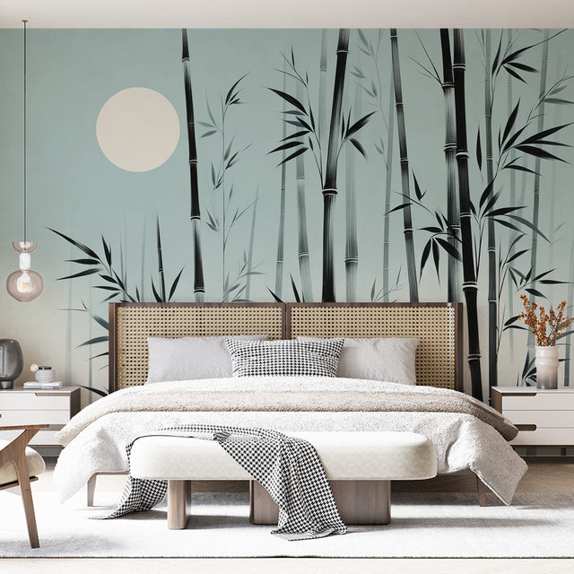 Bamboo forest wallpaper creating a serene atmosphere in a modern living room with minimalist furniture