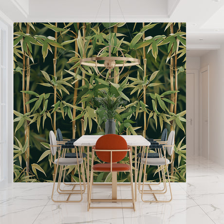 Bamboo forest wallpaper creating a zen atmosphere in a modern living room