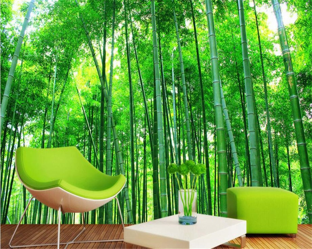 Bamboo forest wallpaper creating a zen atmosphere in a modern living room
