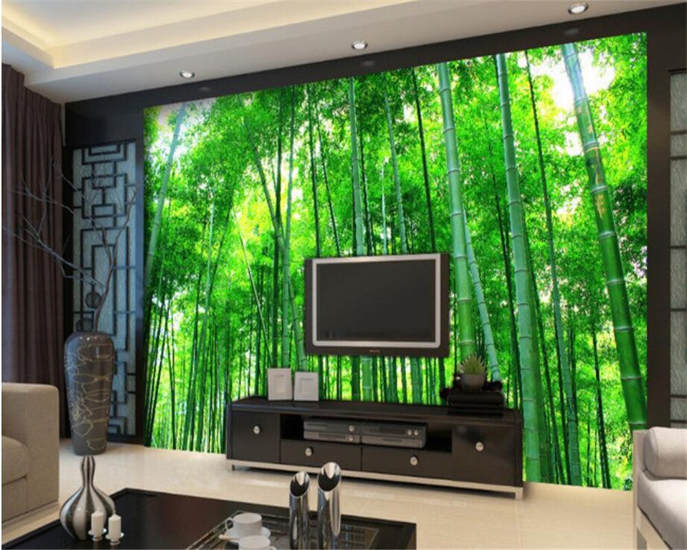Green bamboo wall mural transforming a meditation space